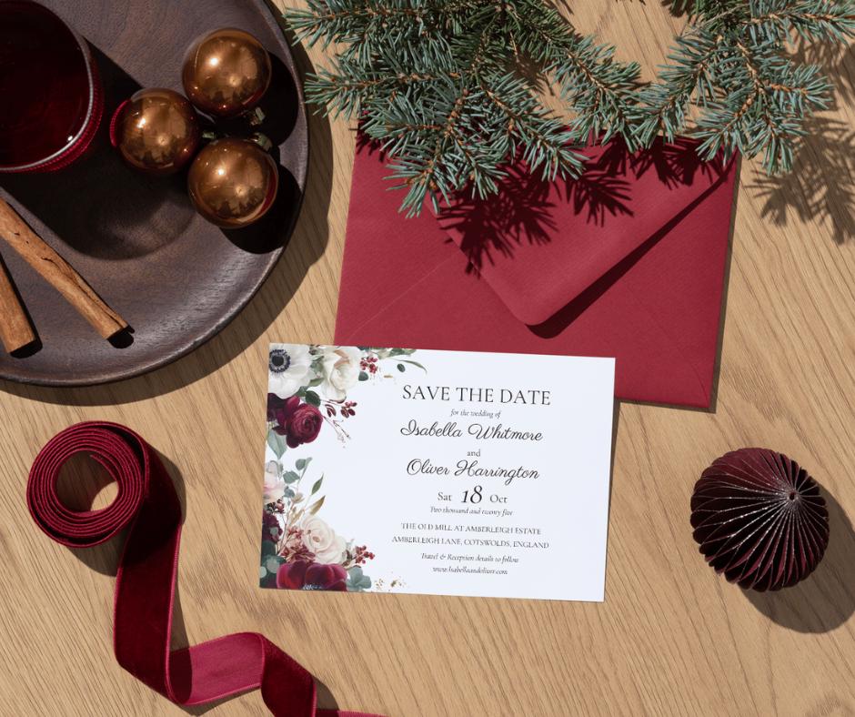 Burgundy Winter Wedding Invitation Suite. Floral Wedding Stationary Set. Editable Digital Download.