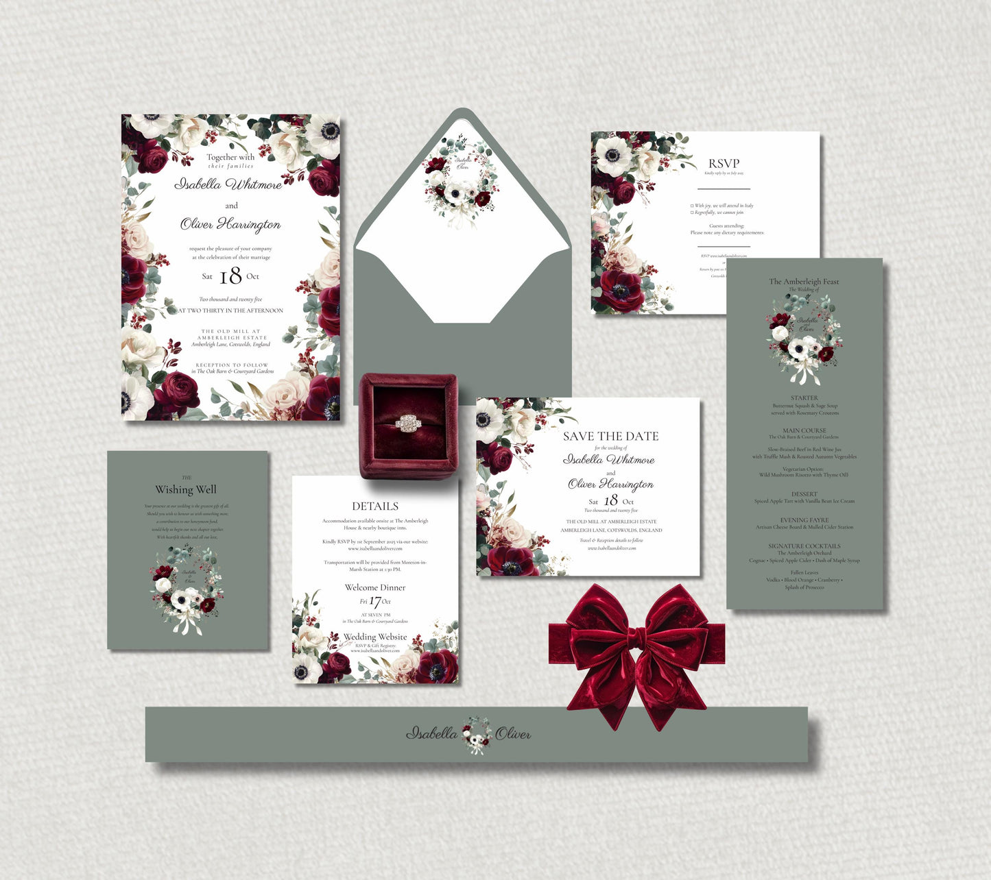 Burgundy Winter Wedding Invitation Suite. Floral Wedding Stationary Set. Editable Digital Download.