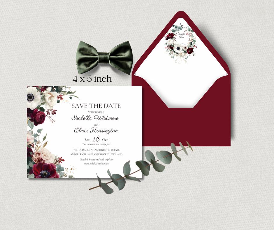 Burgundy Winter Wedding Invitation Suite. Floral Wedding Stationary Set. Editable Digital Download.