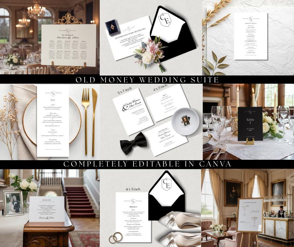 Old Money Wedding Stationery Bundle. Elegant Ceremony Signs, Luxury Canva Templates. Complete Celebration Set.