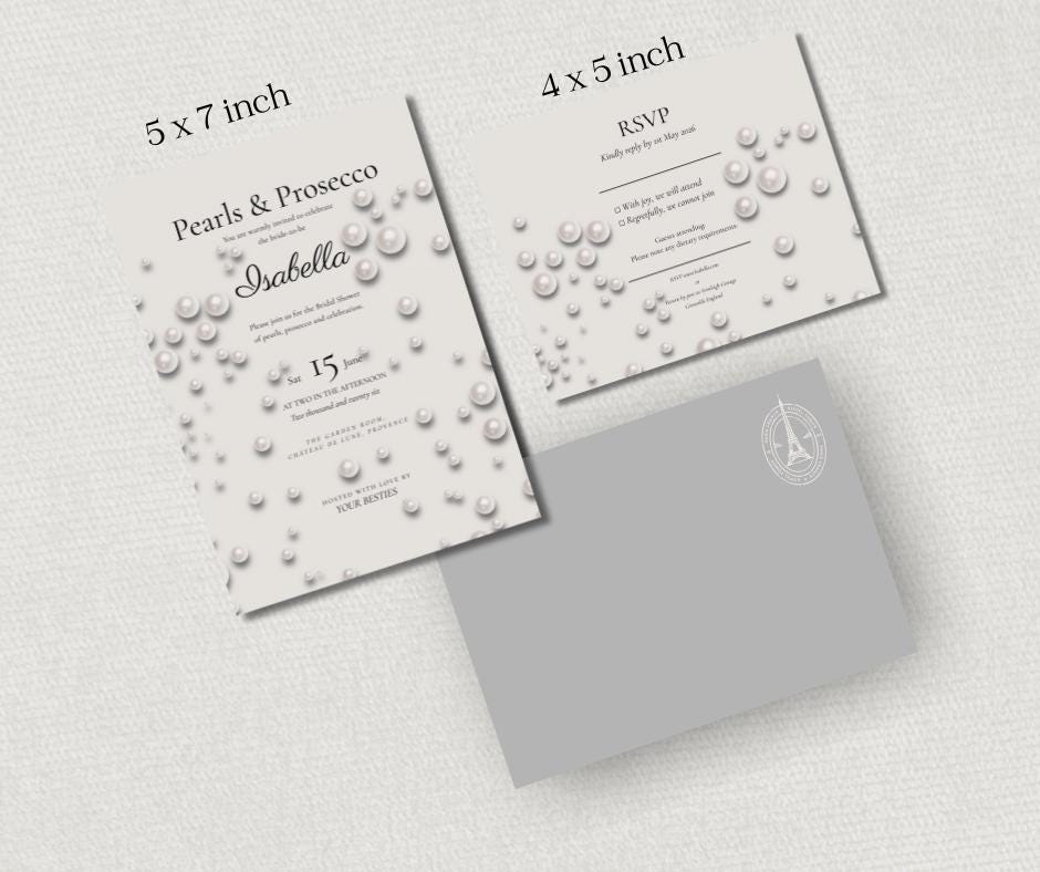Pearls and Prosecco Bridal Shower Invitation Set. Save the Date and RSVP. Elegant Pearl Theme.