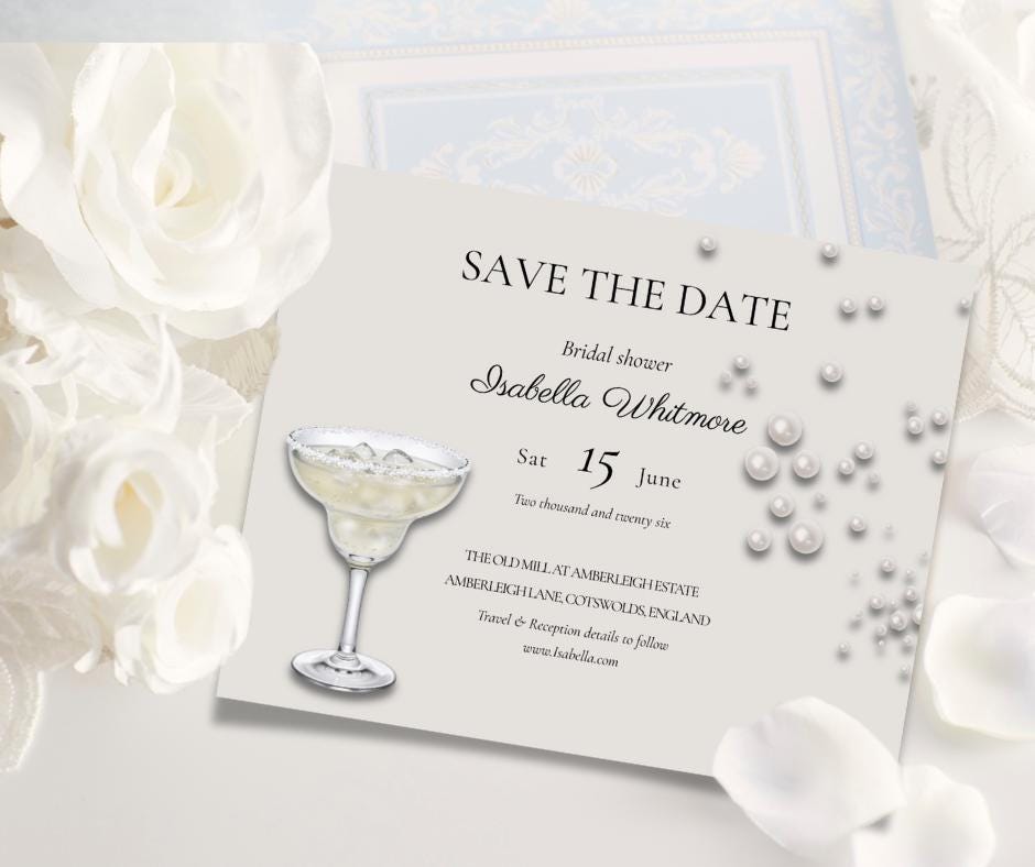 Pearls and Prosecco Bridal Shower Invitation Set. Save the Date and RSVP. Elegant Pearl Theme.
