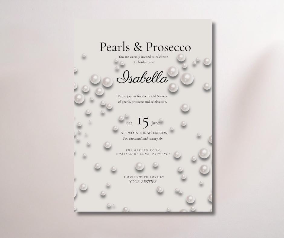 Pearls and Prosecco Bridal Shower Invitation Set. Save the Date and RSVP. Elegant Pearl Theme.