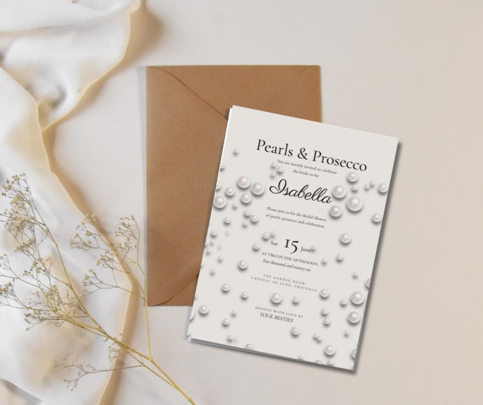 Pearls and Prosecco Bridal Shower Invitation Set. Save the Date and RSVP. Elegant Pearl Theme.