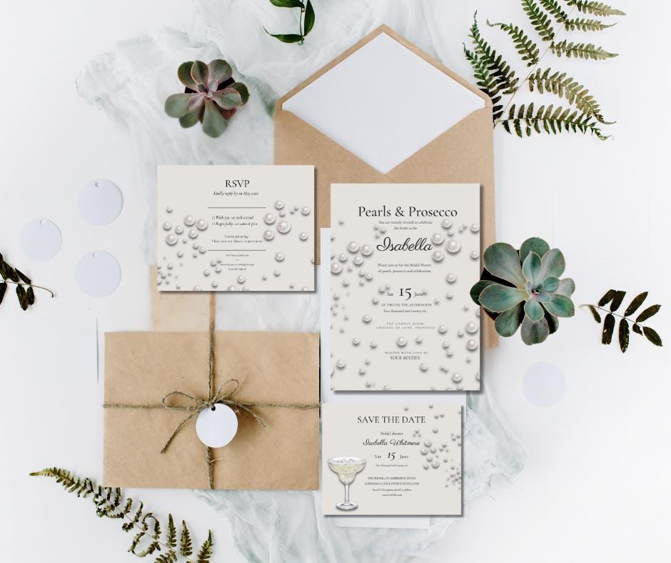 Pearls and Prosecco Bridal Shower Invitation Set. Save the Date and RSVP. Elegant Pearl Theme.