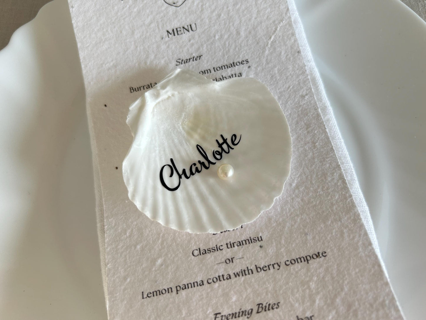 Shell Wedding Name Cards, Natural Scallop Seashell. Personalised Place Setting For Beach Wedding Decor.