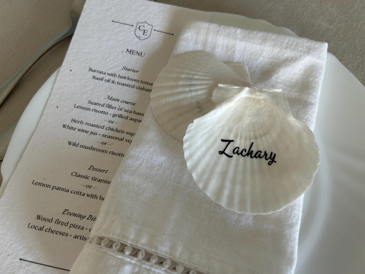 Shell Wedding Name Cards, Natural Scallop Seashell. Personalised Place Setting For Beach Wedding Decor.