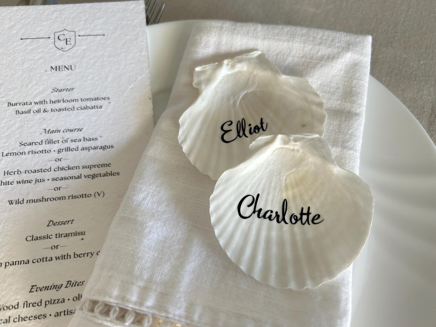 Shell Wedding Name Cards, Natural Scallop Seashell. Personalised Place Setting For Beach Wedding Decor.