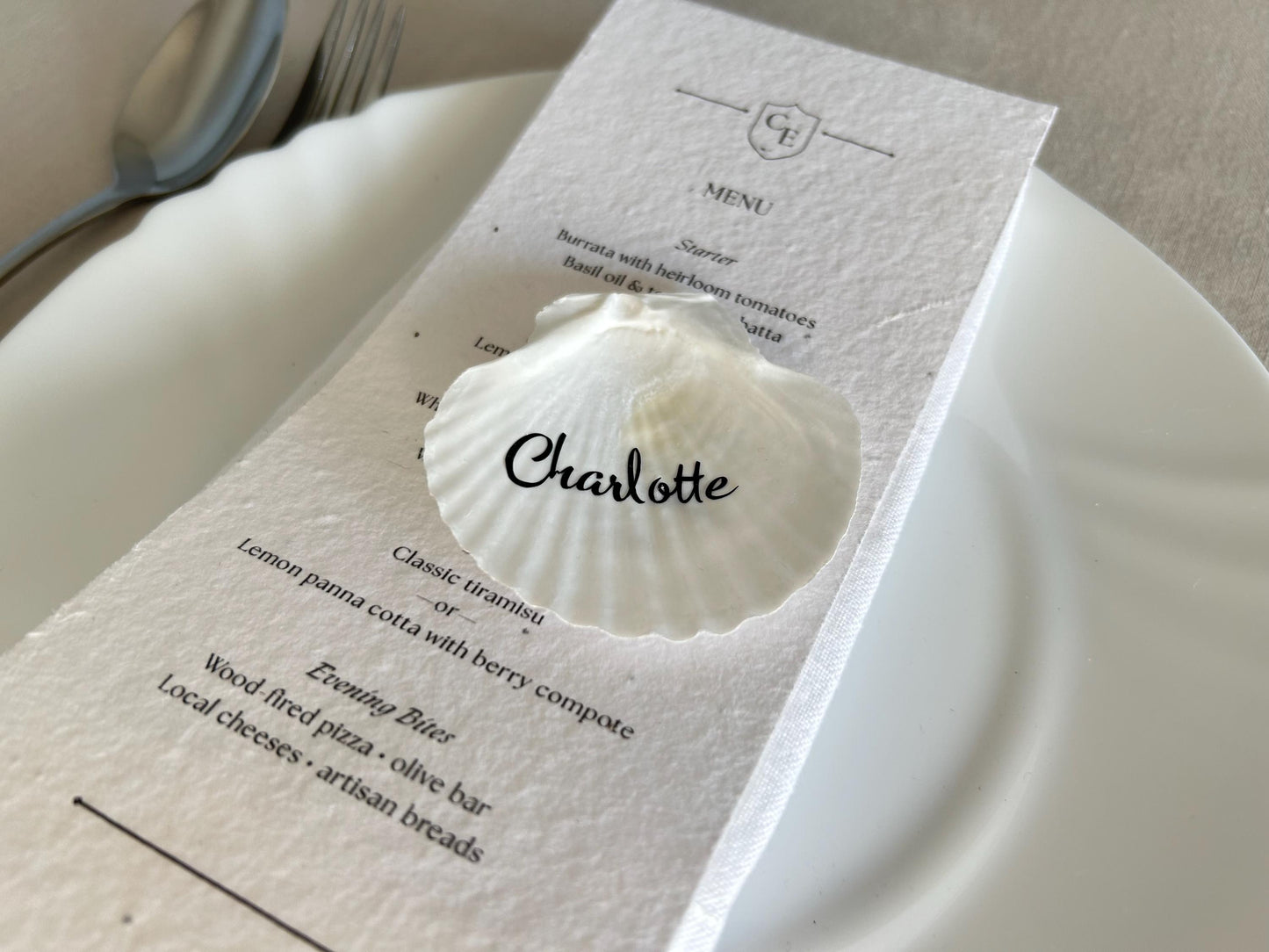 Shell Wedding Name Cards, Natural Scallop Seashell. Personalised Place Setting For Beach Wedding Decor.