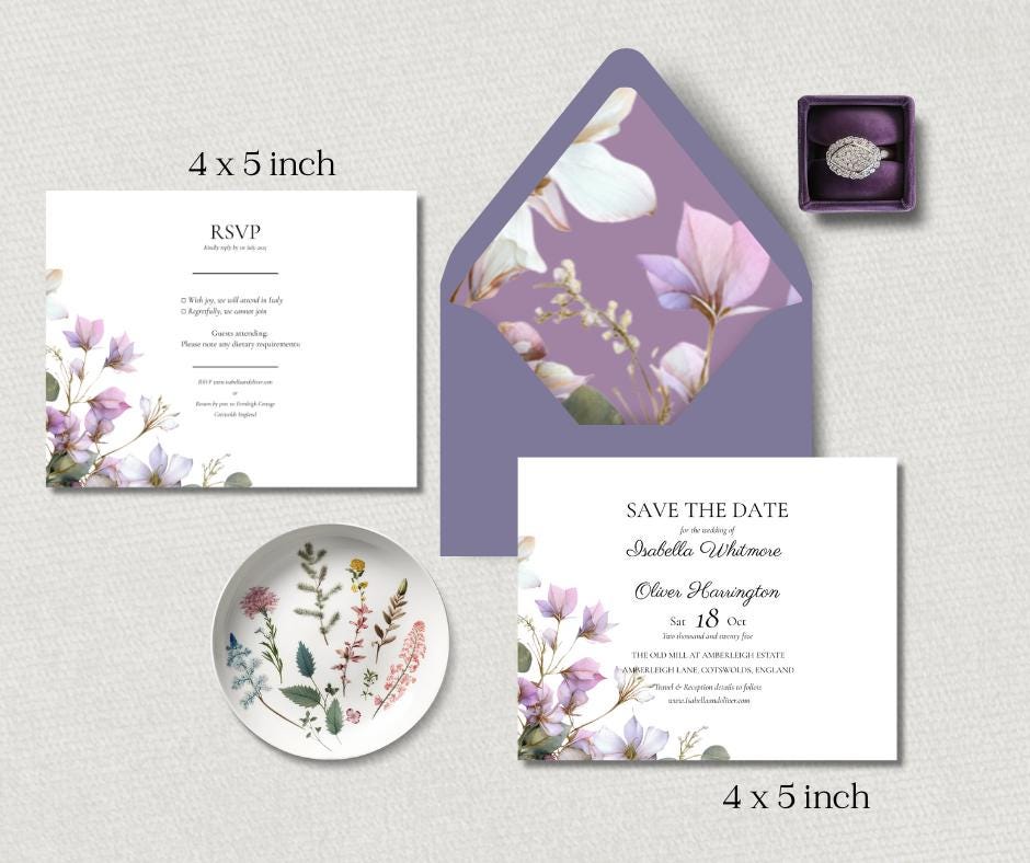 Purple Botanical Wedding Invitation. Blush and Sage Green Floral Stationary Suite. Editable Canva Template.