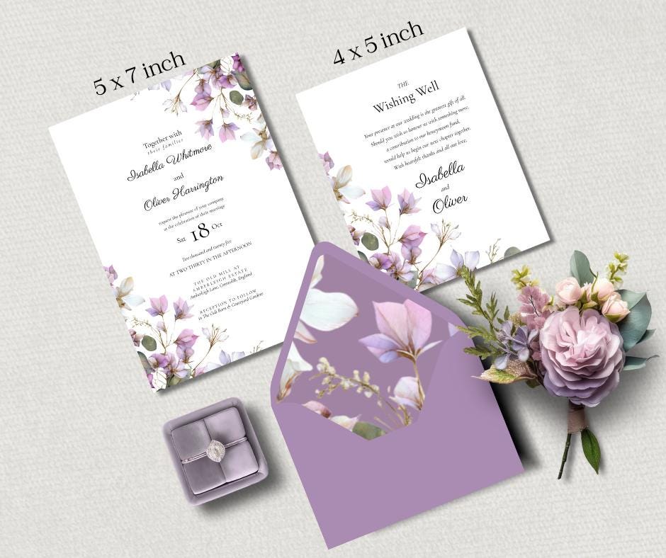 Purple Botanical Wedding Invitation. Blush and Sage Green Floral Stationary Suite. Editable Canva Template.