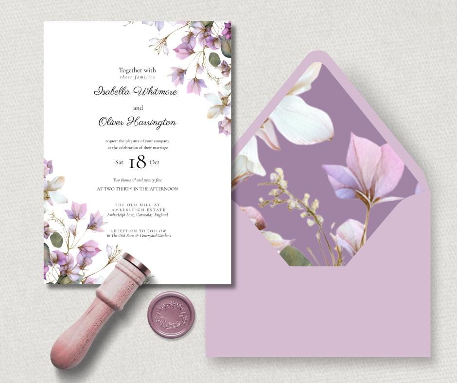 Purple Botanical Wedding Invitation. Blush and Sage Green Floral Stationary Suite. Editable Canva Template.