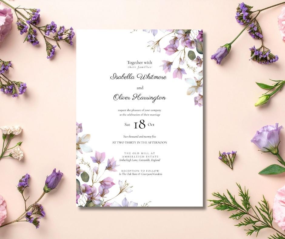Purple Botanical Wedding Invitation. Blush and Sage Green Floral Stationary Suite. Editable Canva Template.