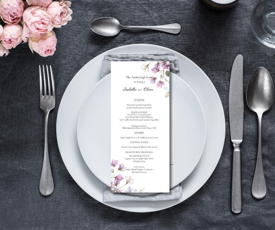 Purple Botanical Wedding Invitation. Blush and Sage Green Floral Stationary Suite. Editable Canva Template.