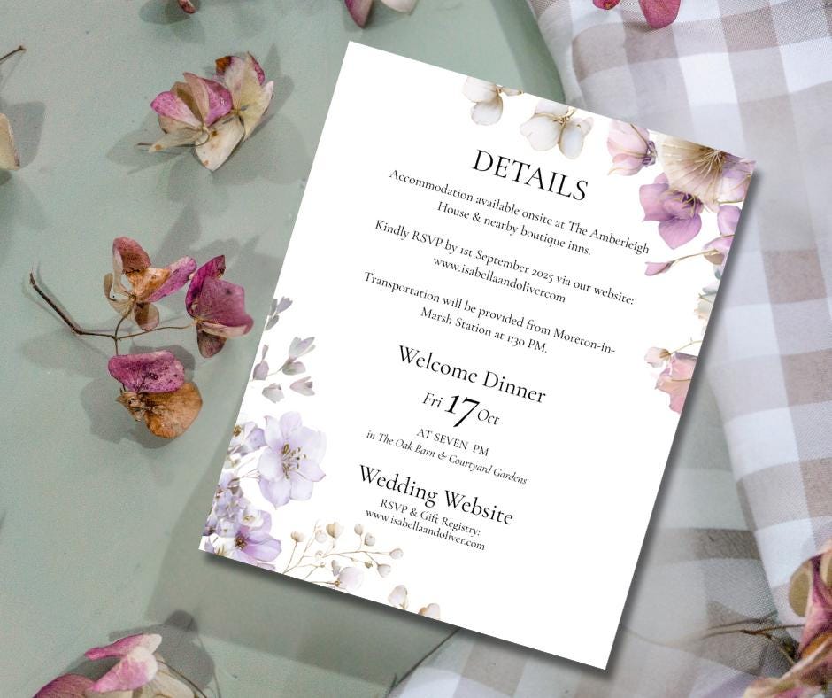 Purple Botanical Wedding Invitation. Blush and Sage Green Floral Stationary Suite. Editable Canva Template.