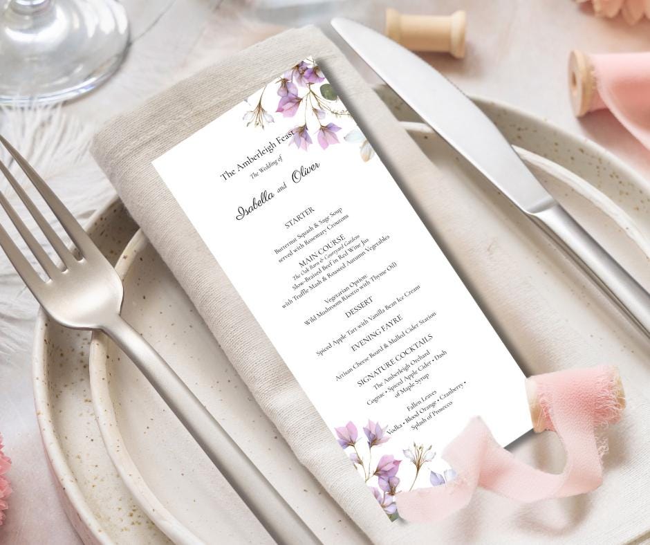 Purple Botanical Wedding Invitation. Blush and Sage Green Floral Stationary Suite. Editable Canva Template.