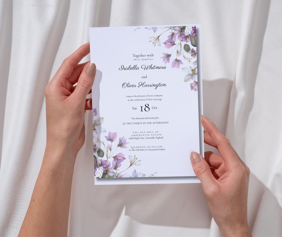 Purple Botanical Wedding Invitation. Blush and Sage Green Floral Stationary Suite. Editable Canva Template.