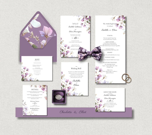 Purple Botanical Wedding Invitation. Blush and Sage Green Floral Stationary Suite. Editable Canva Template.