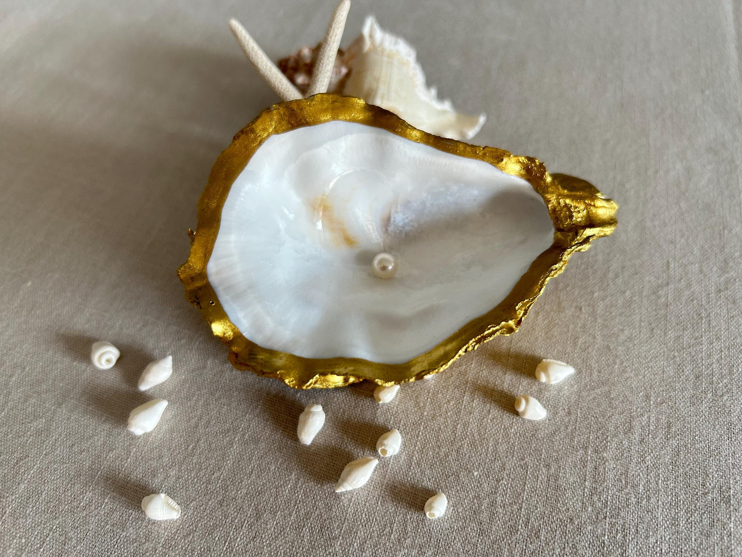 Gold Oyster Shell Ring Holder. Dressing Table Oyster Dish Set With A Freshwater Pearl.