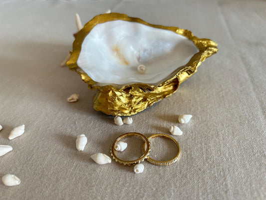 Gold Oyster Shell Ring Holder. Dressing Table Oyster Dish Set With A Freshwater Pearl.