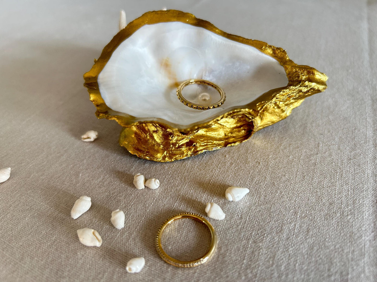 Gold Oyster Shell Ring Holder. Dressing Table Oyster Dish Set With A Freshwater Pearl.