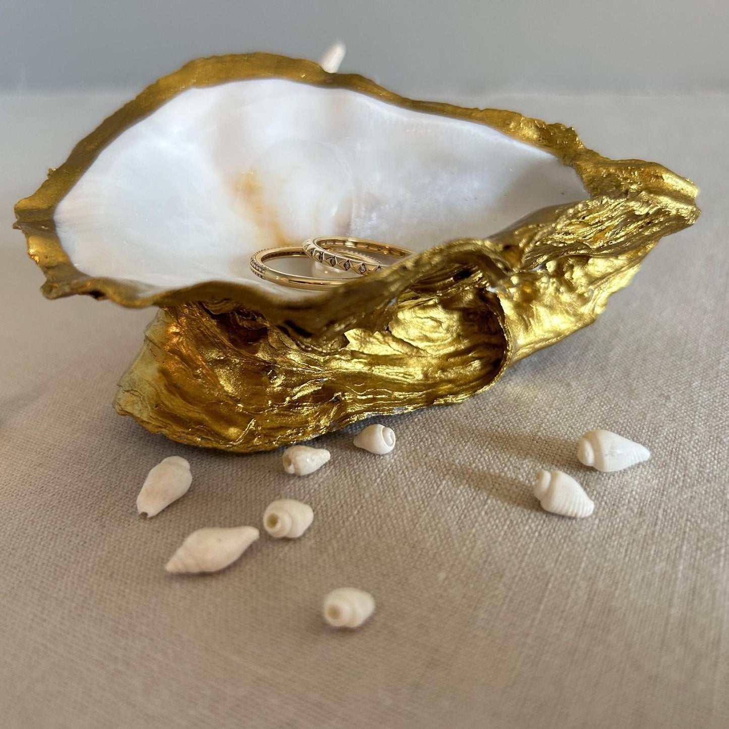 Gold Oyster Shell Ring Holder. Dressing Table Oyster Dish Set With A Freshwater Pearl.