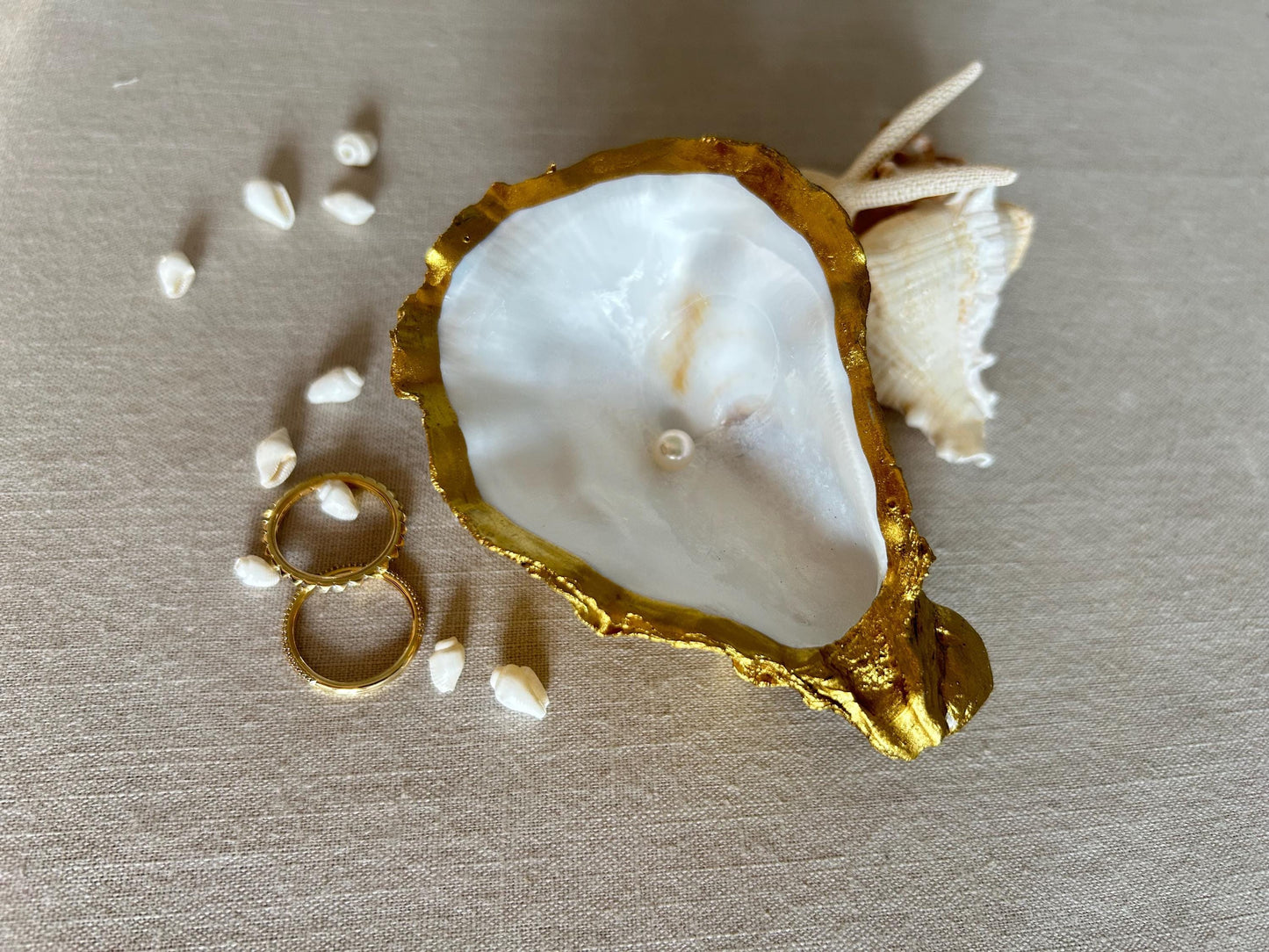 Gold Oyster Shell Ring Holder. Dressing Table Oyster Dish Set With A Freshwater Pearl.