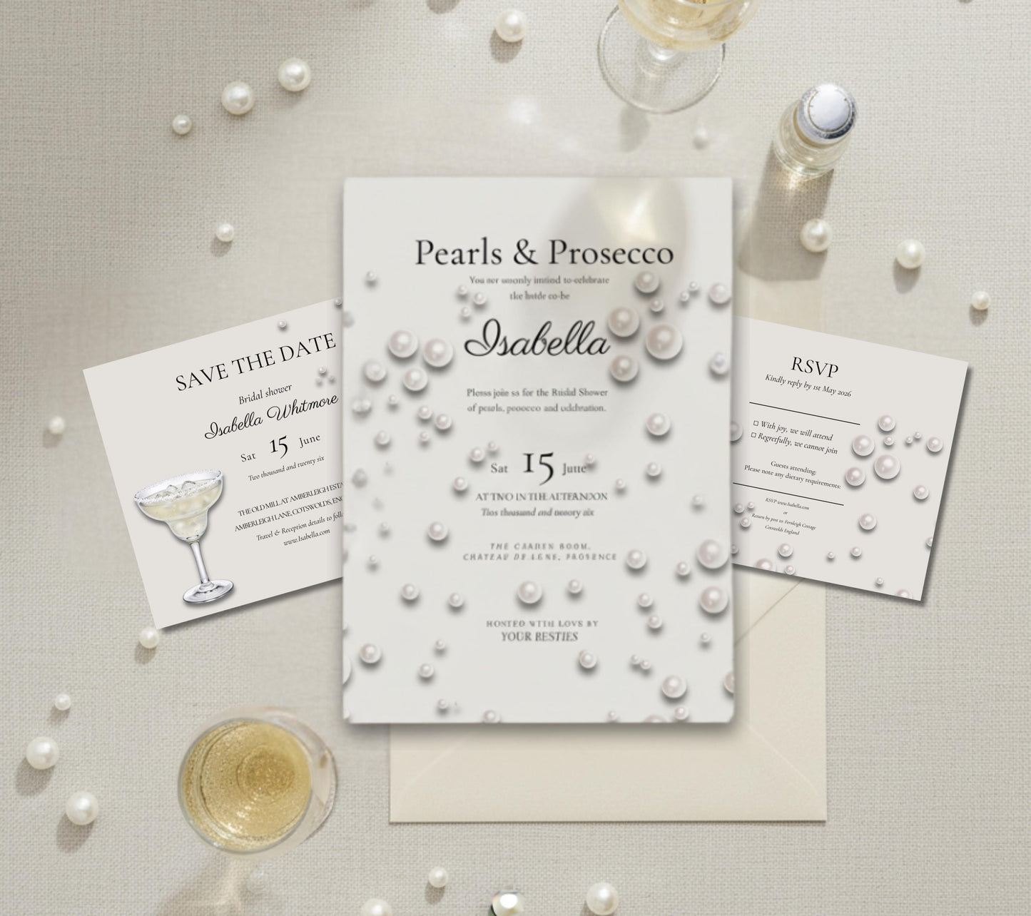 Pearls and Prosecco Bridal Shower Invitation Set. Save the Date and RSVP. Elegant Pearl Theme.