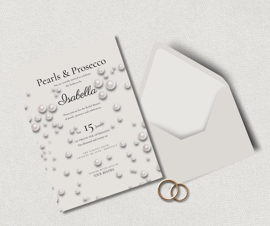 Pearls and Prosecco Bridal Shower Invitation Set. Save the Date and RSVP. Elegant Pearl Theme.