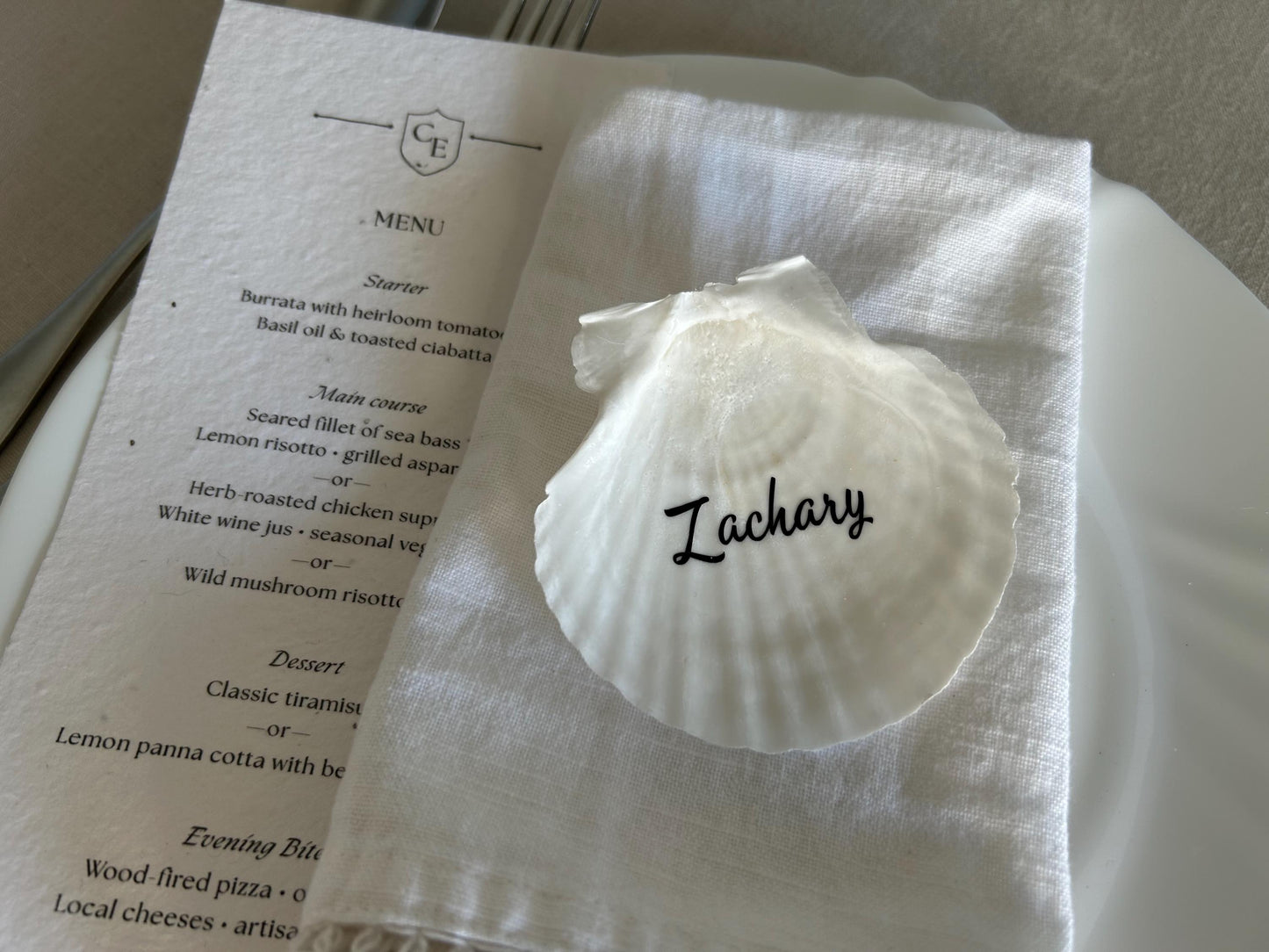 Shell Wedding Name Cards, Natural Scallop Seashell. Personalised Place Setting For Beach Wedding Decor.
