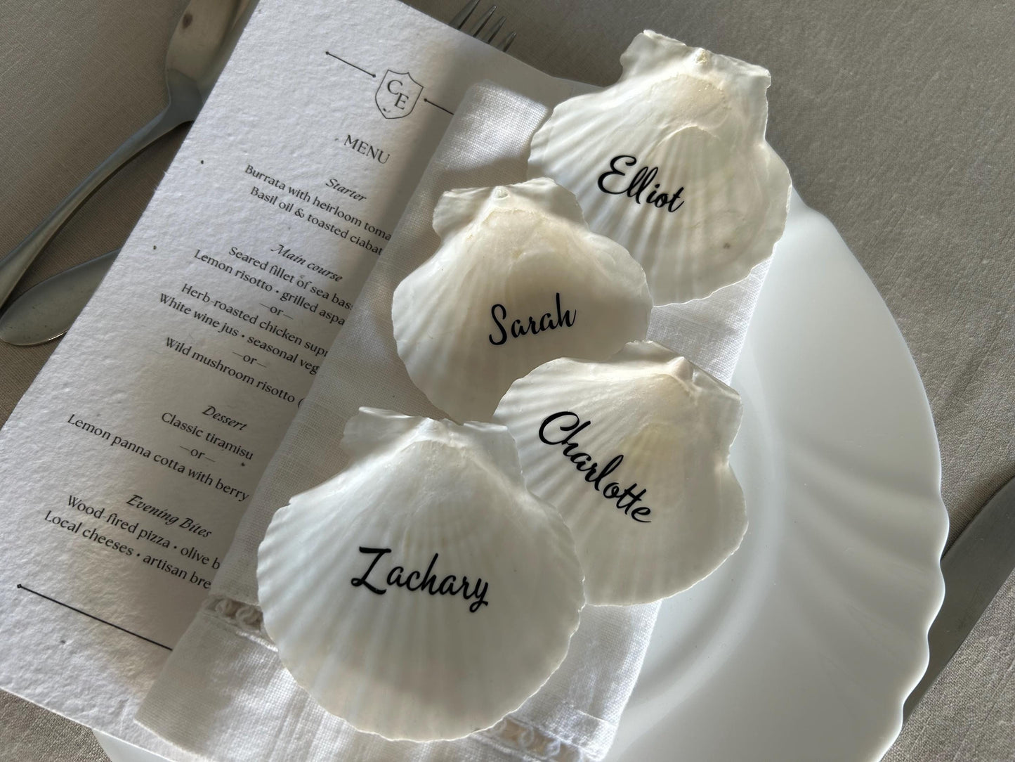 Shell Wedding Name Cards, Natural Scallop Seashell. Personalised Place Setting For Beach Wedding Decor.