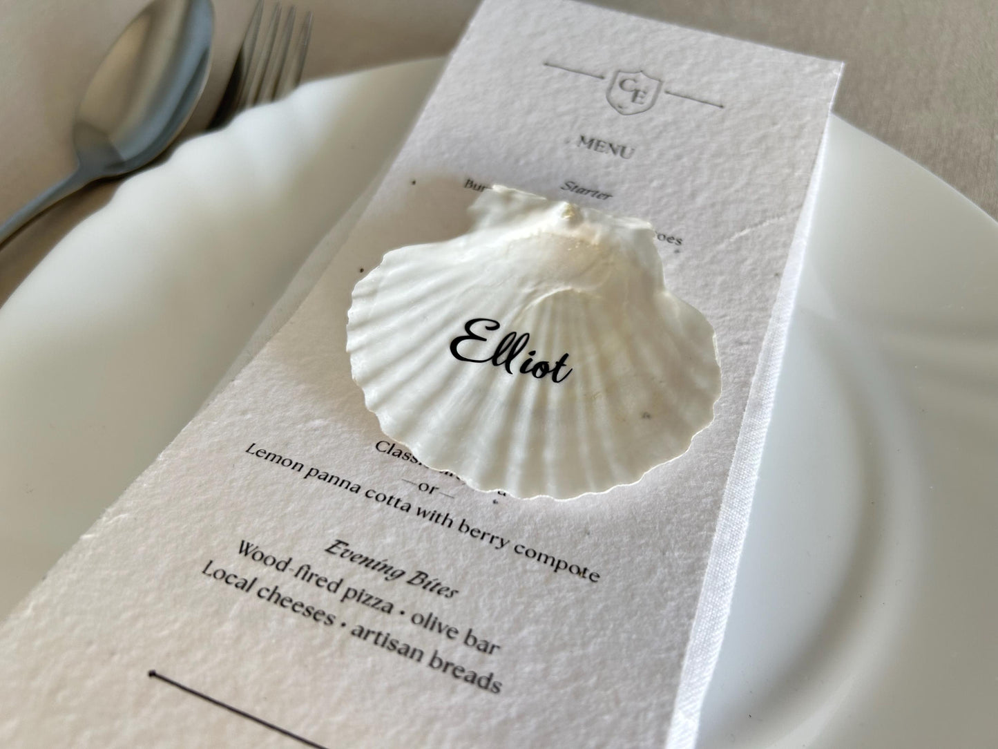 Shell Wedding Name Cards, Natural Scallop Seashell. Personalised Place Setting For Beach Wedding Decor.