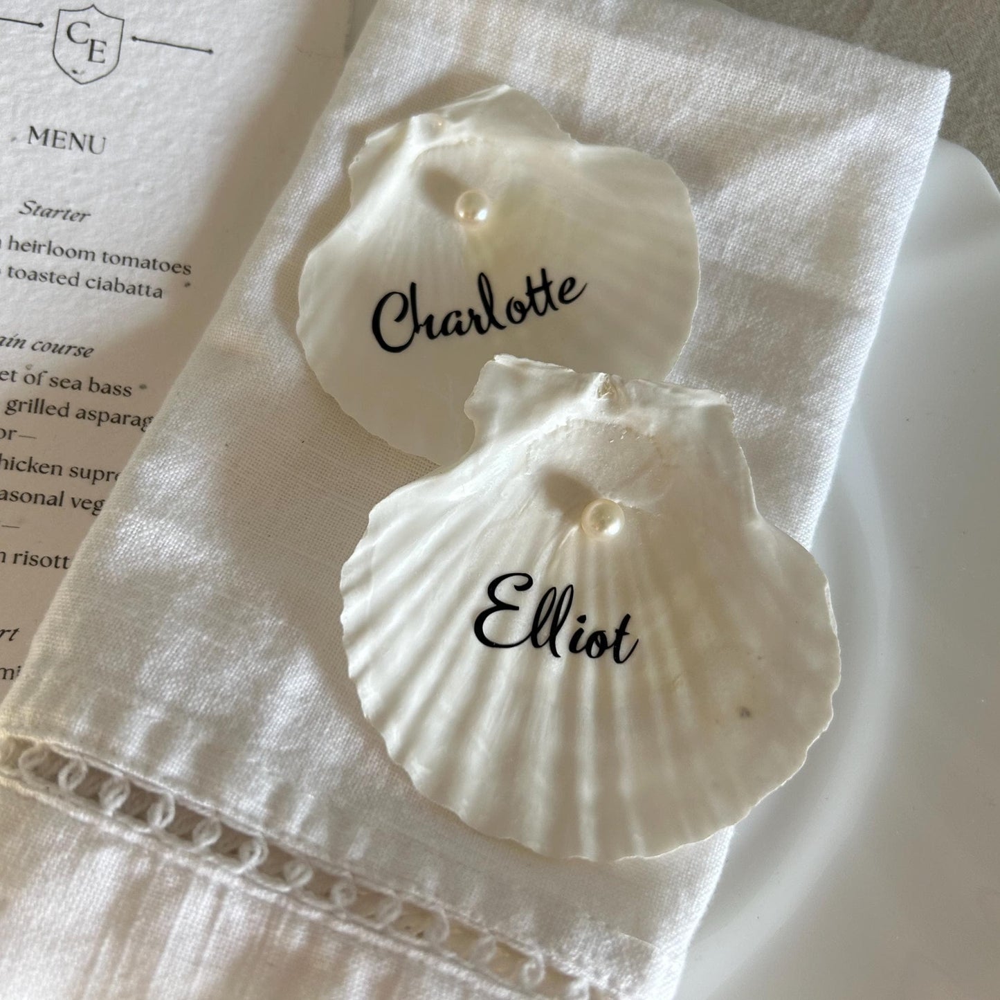 Shell Wedding Name Cards, Natural Scallop Seashell. Personalised Place Setting For Beach Wedding Decor.
