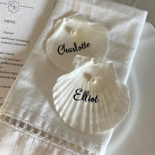 Shell Wedding Name Cards, Natural Scallop Seashell. Personalised Place Setting For Beach Wedding Decor.