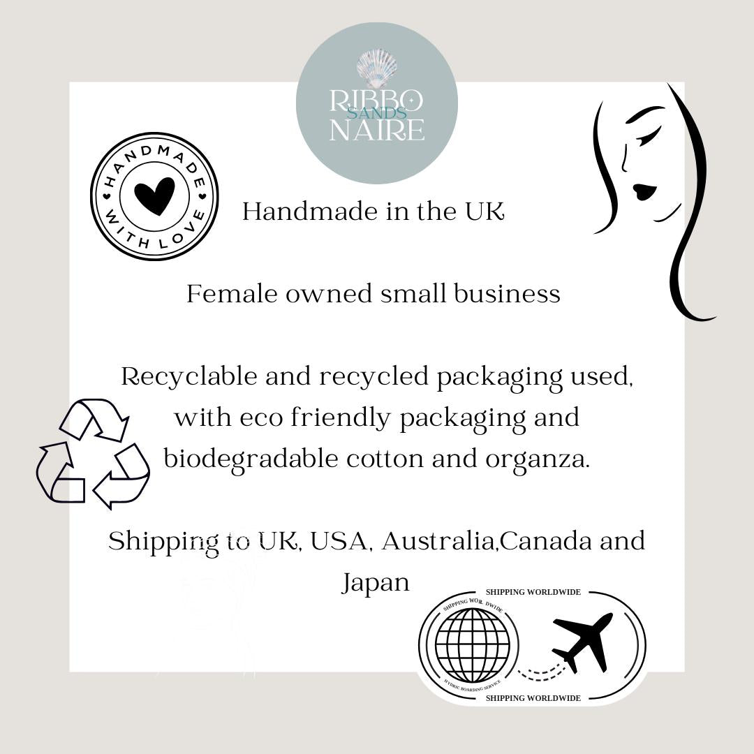 "Handmade in the UK", "Female owned small business", and  eco-friendly packaging.