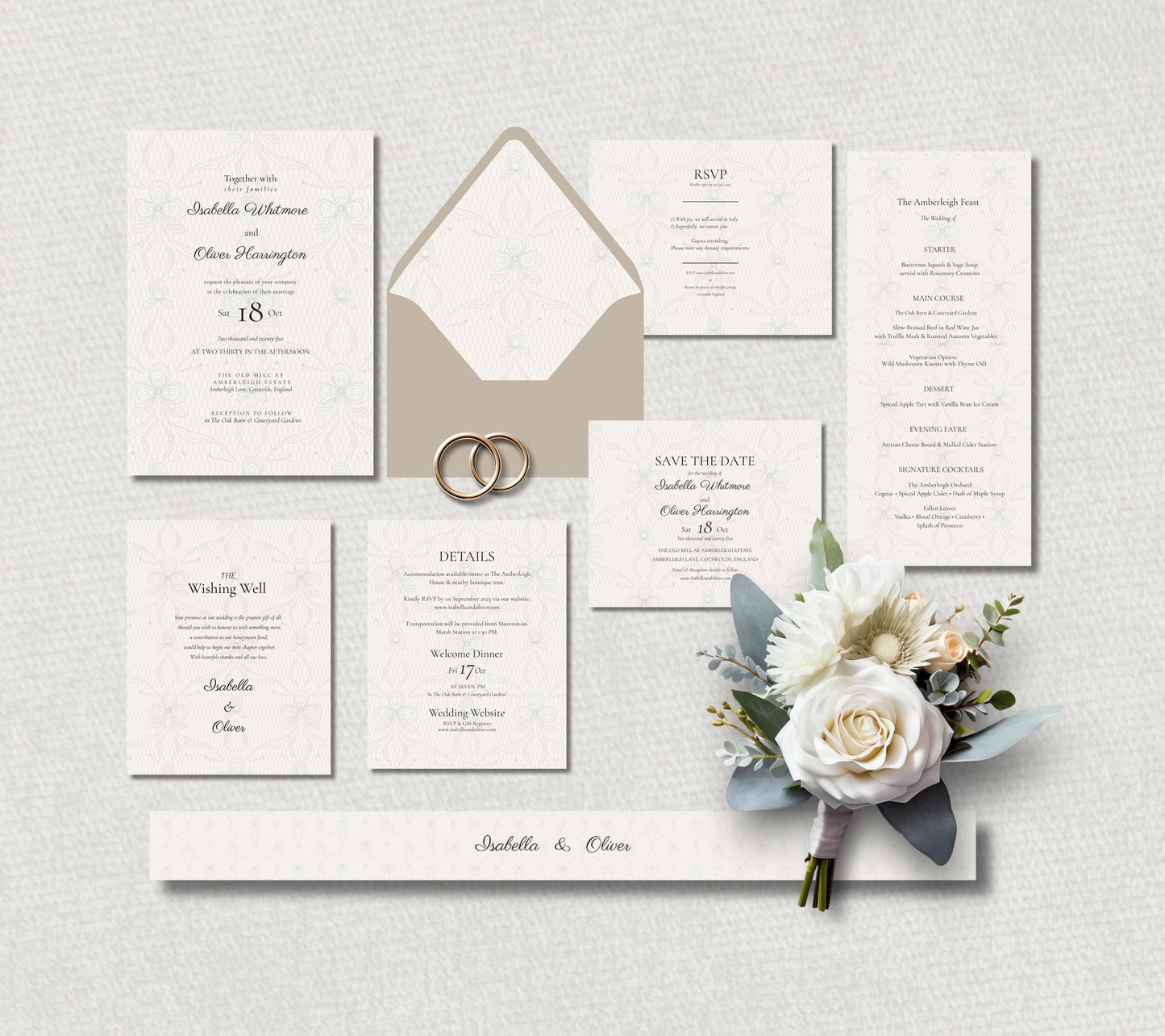 Lace Wedding Invitation Suite. Elegant Editable Canva Template For Vintage Style Occasions.