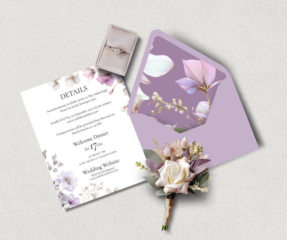 Purple Botanical Wedding Invitation. Blush and Sage Green Floral Stationary Suite. Editable Canva Template.