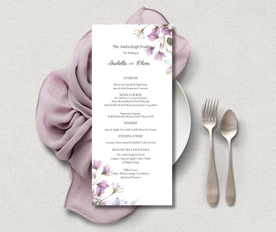 Purple Botanical Wedding Invitation. Blush and Sage Green Floral Stationary Suite. Editable Canva Template.