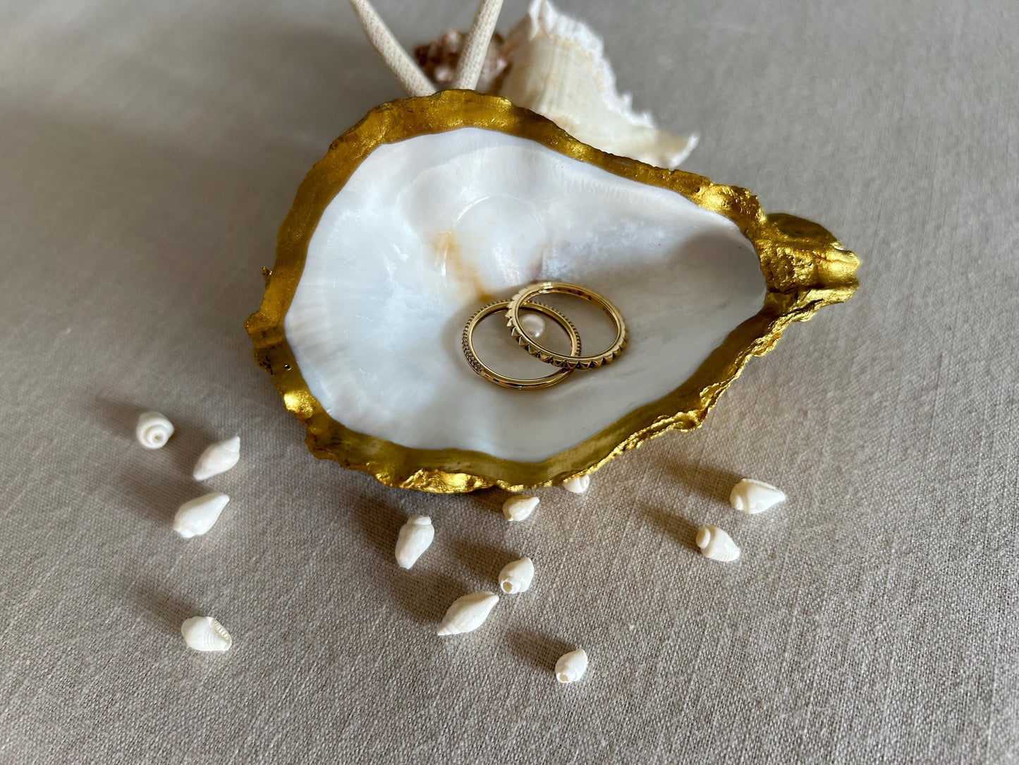 Gold Oyster Shell Ring Holder. Dressing Table Oyster Dish Set With A Freshwater Pearl.