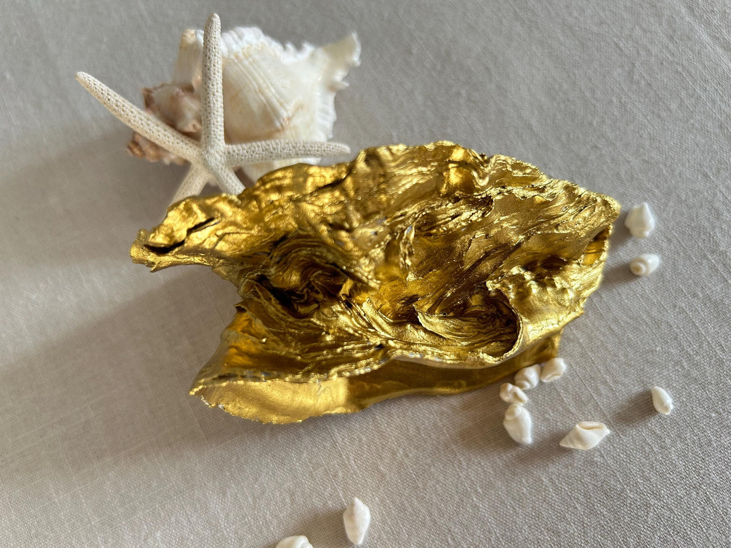 Gold Oyster Shell Ring Holder. Dressing Table Oyster Dish Set With A Freshwater Pearl.