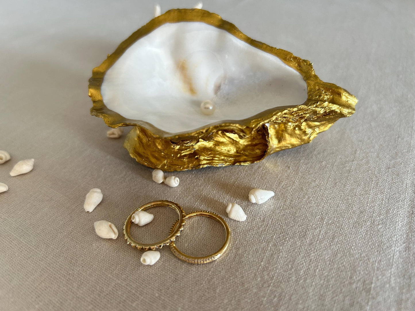 Gold Oyster Shell Ring Holder. Dressing Table Oyster Dish Set With A Freshwater Pearl.