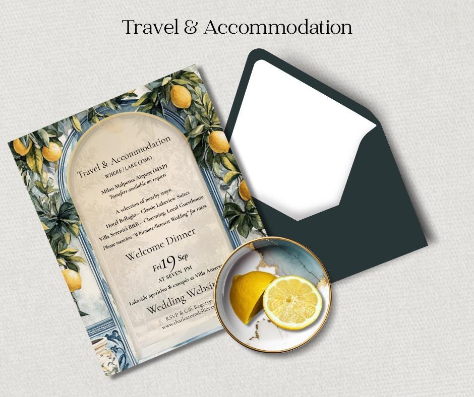 An invitation suite with a lemon theme. The invitation card features text for a welcome dinner and wedding website with Travel & Accommodation".