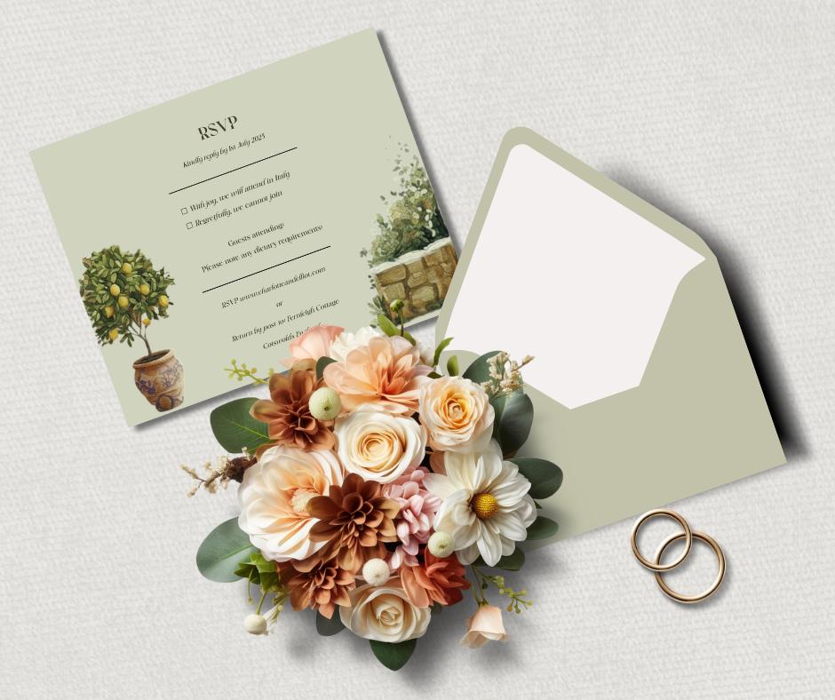 A wedding invitation set featuring an RSVP card, envelope, floral arrangement, and rings. The card has text and a lemon tree illustration. The colour scheme is light green, peach, white, and brown.