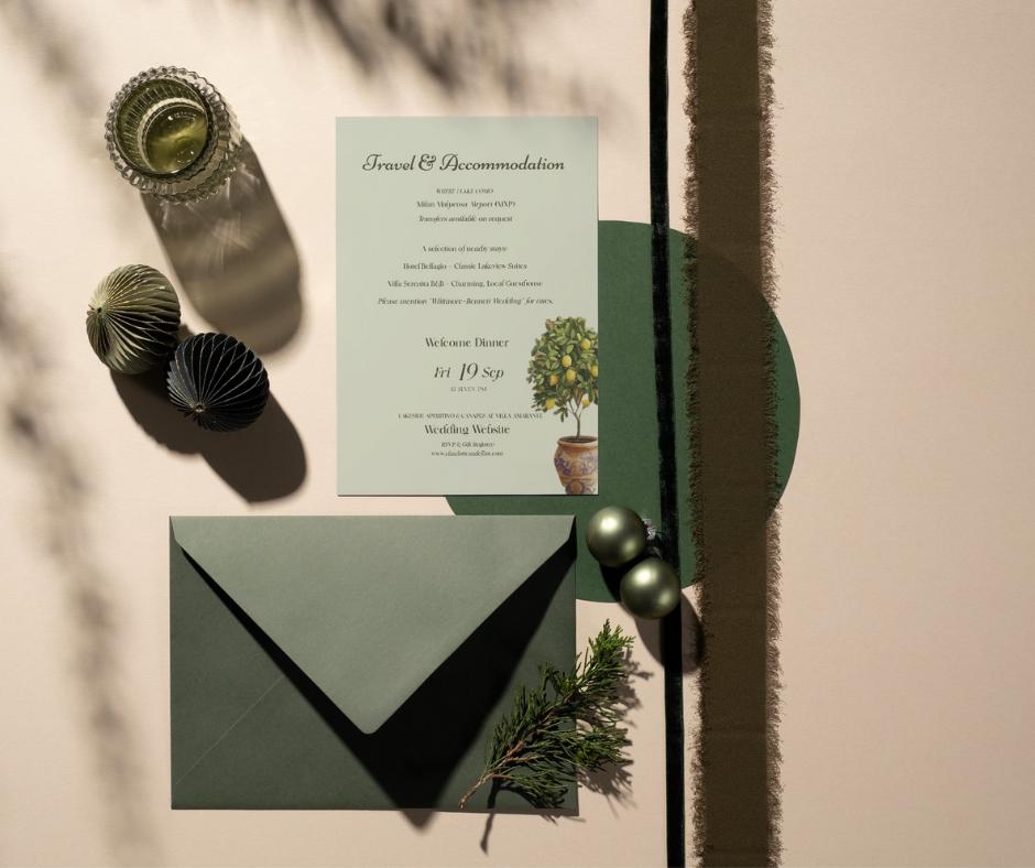 A stylish wedding stationery set in shades of green and cream. The invitation card features text and a lemon tree illustration.