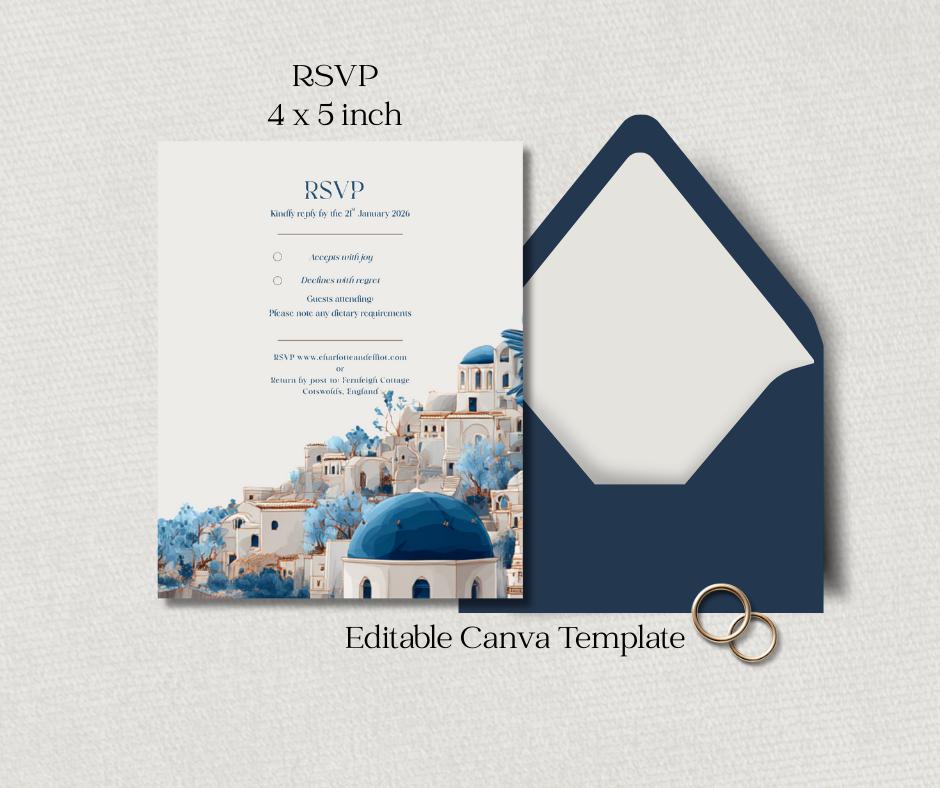Santorini Wedding Invitation, Editable Canva Template for Greek Destination Wedding, Instant Download