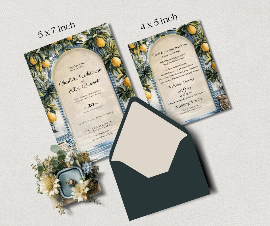 Wedding invitation set with two cards, 12.7 x 17.8 cm and 10.2 x 12.7 cm, decorated with lemon tree designs. The invitations include names, a date, and event details.