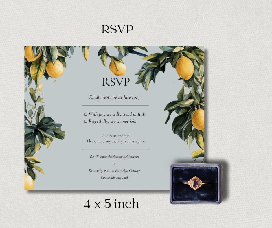 An RSVP card with a lemon branch design, featuring the text "RSVP" and instructions. The card is 10 x 13 cm.