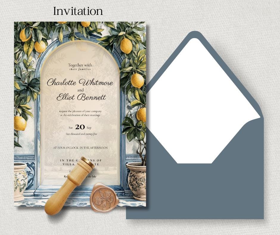 Wedding invitation with a watercolour design featuring lemons and foliage. The invitation includes the names and the wedding date  with venue details