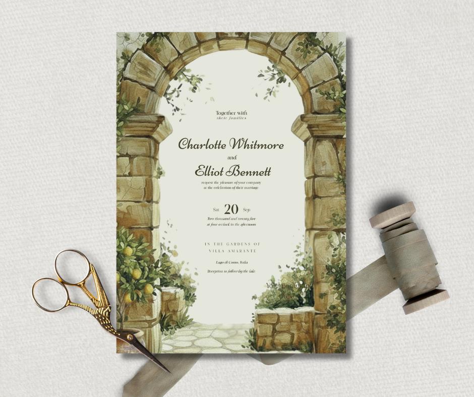 Wedding invitation with an illustration of a stone archway adorned with foliage and lemon trees. The invitation displays the names, the date, and venue.
