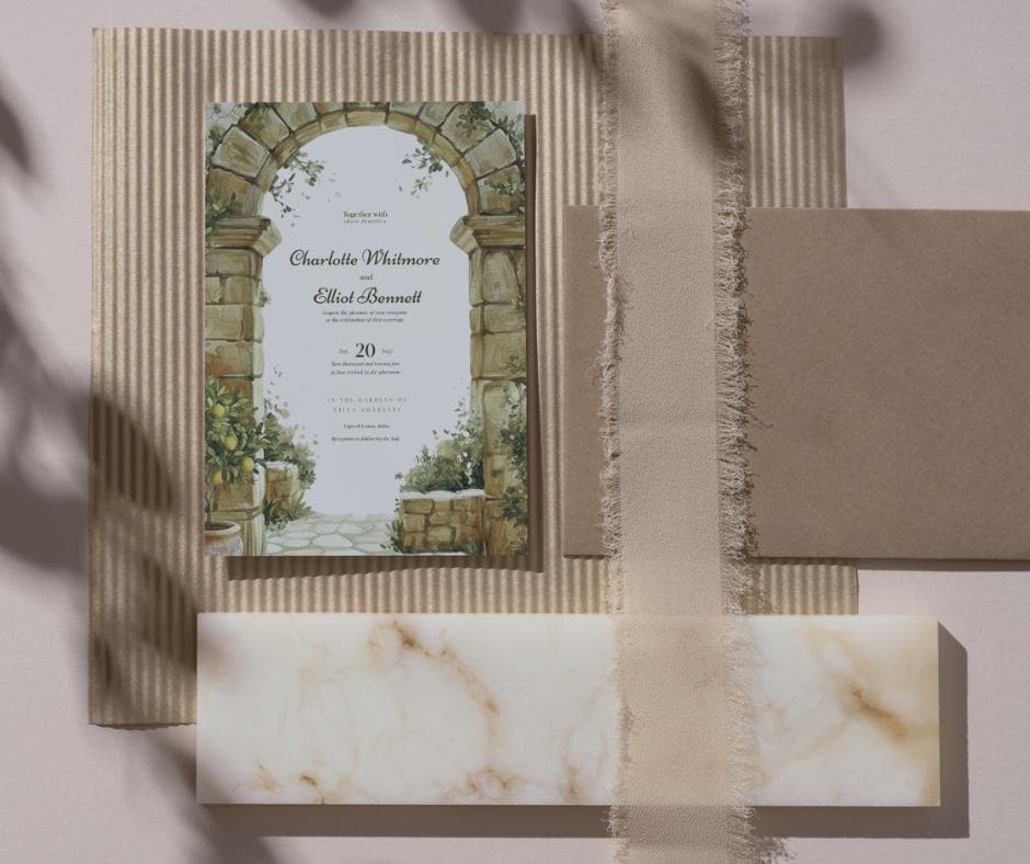 Wedding invitation with an archway design, featuring the names and wedding day details.